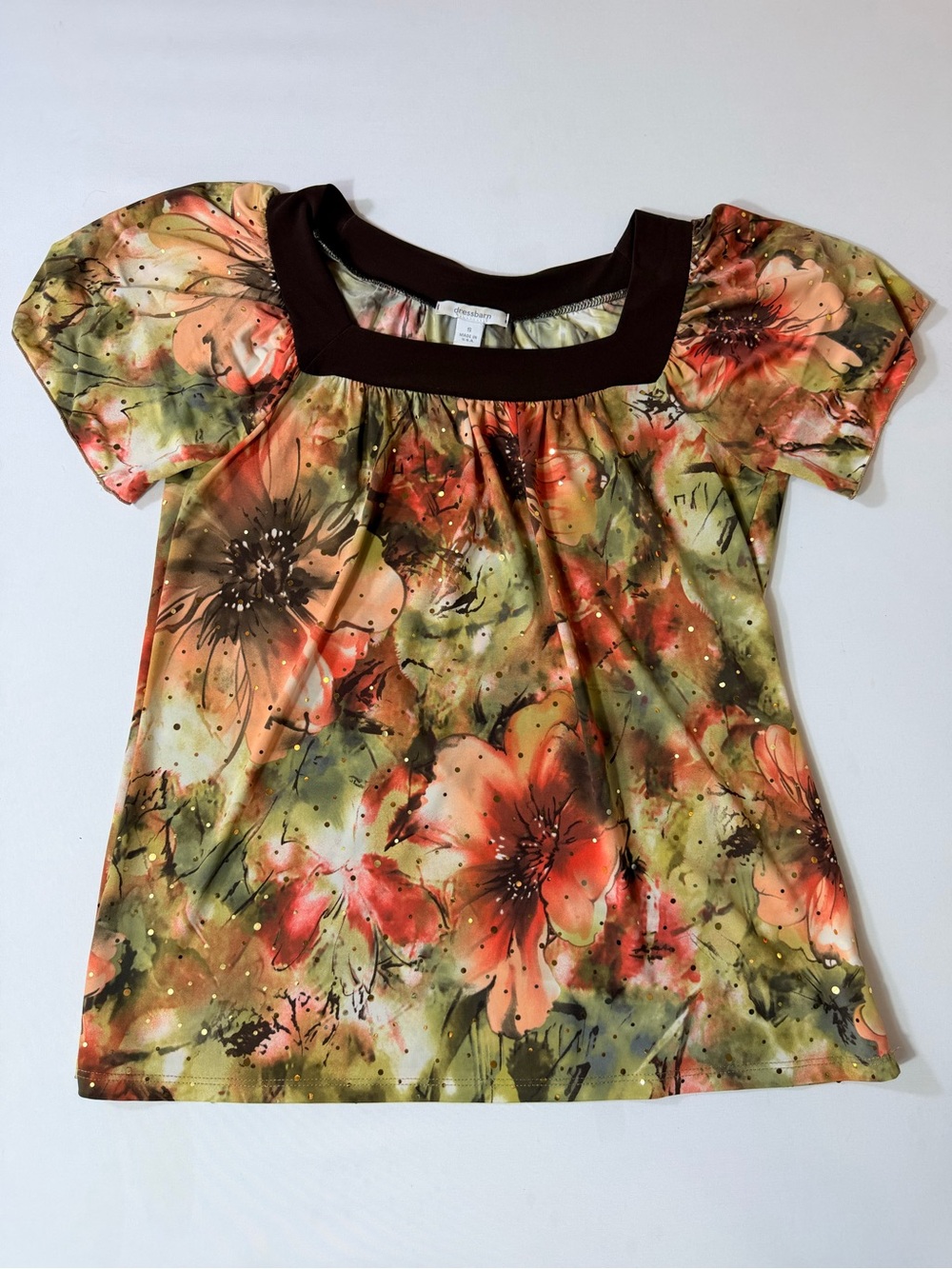 Dressbarn Floral Square-Neck Women’s Top - Brown Trim Hibiscus Fall Sz S